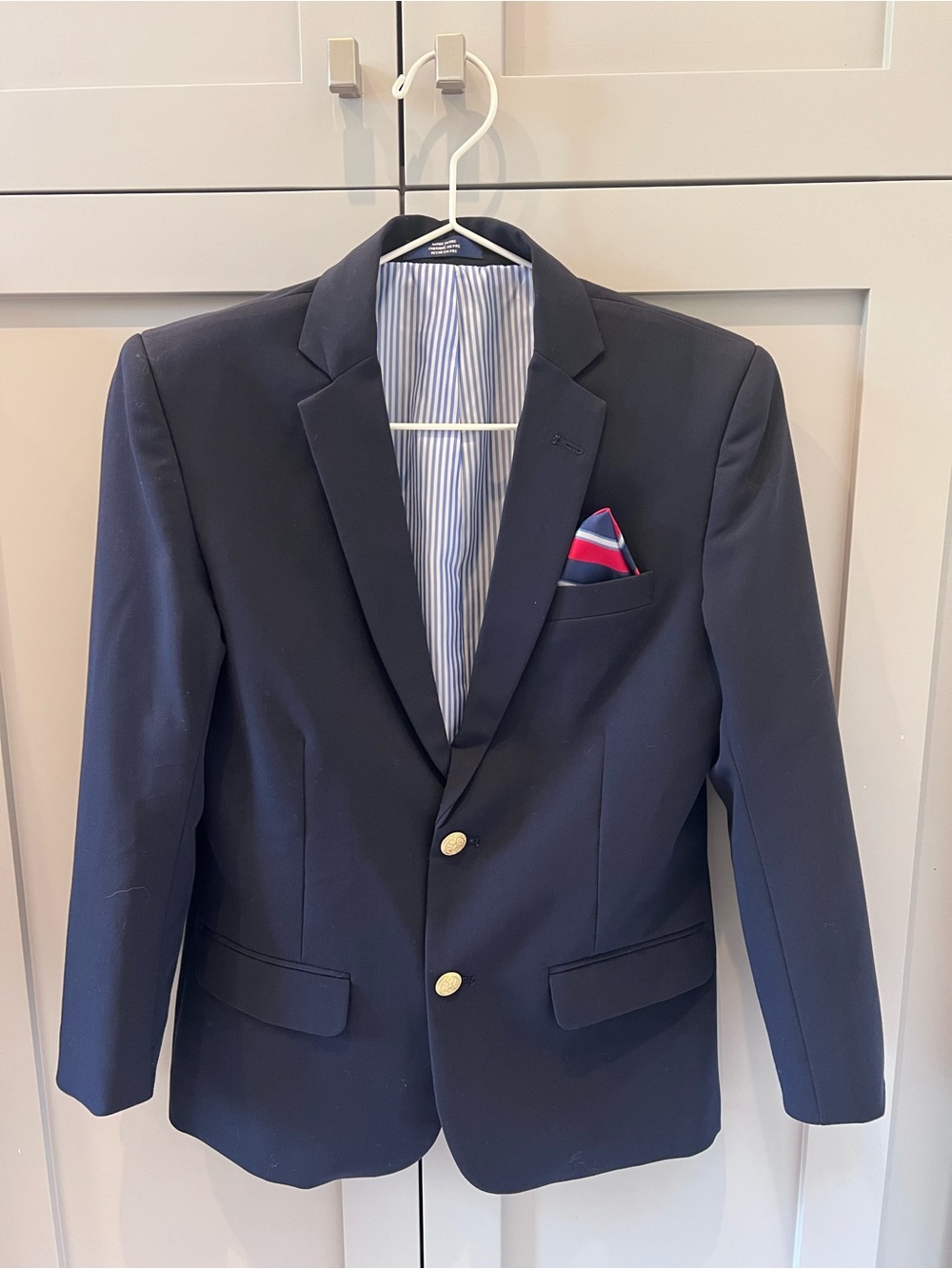 Boys Navy Blazer with Gold Buttons and Pocket Square